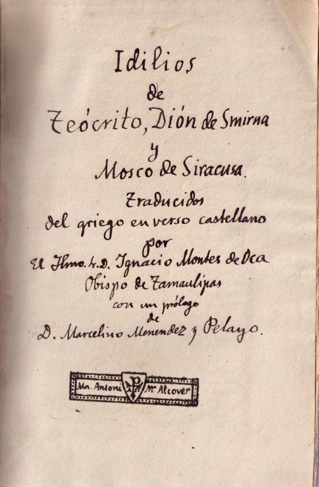 Coberta de Idilios de Teócrito, Bión de Smirna y Mosco de Siracusa